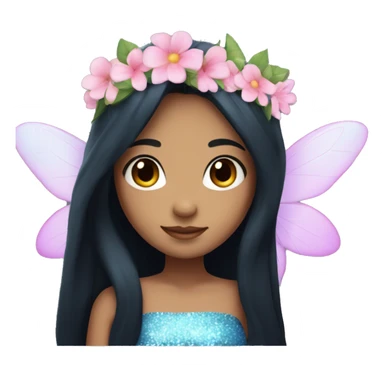 Fairy girl with straight long black hair, blue eyes, medium light skin, sparkly wings, a pink and blue dress and a flower crown sticker