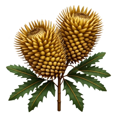Cinematic Realistic Banksia Emoji, Bold and striking, with spiky, cylindrical flower heads covered in rich golden hues. The leaves are thick and leathery, adding a sense of strength to this unique and iconic tree. Soft glowing outline, capturing the essence of Australian ruggedness and floral beauty in a distinctive banksia tree! sticker