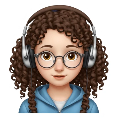 brunette kid with unique face features and very curly long hair kid girl neutral and very big nose and ears and dark eyes with freckles kind of nerd looking and headphone wearing no glassess just nose piercing very big one sticker