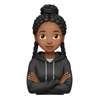African American dark skin girl with long black box braids wearing a plain black hoodie  with arms folded across chest sticker
