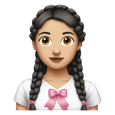 A white girl wearing white T-shirt with two tall braids and (bangs) with pink ribbon bow on each braid looking forward..black hair and brown eyes small nose and pink lips sticker