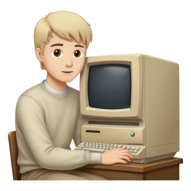 Young man sitting at a very old desktop computer from the 1990s with CRT monitor and beige tower sticker