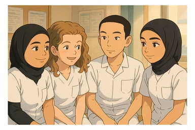 Four nursing students inspired by the provided faces, in Ghibli style, taking a break together in the care station. They wear short-sleeved white uniforms with V-neck, left chest pocket, no stand-up collar, no stethoscopes, and nothing protrudes from the sleeves. sticker