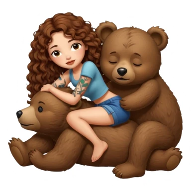 cute woman long curly brown hair tattoos riding sleepy bear sticker