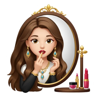 Girl with long brown hair, gold jewelry, and lashes, putting on lipgloss by a mirror  sticker