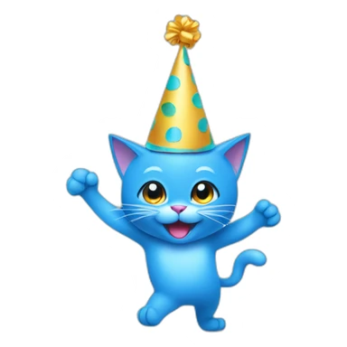 blue dancing cat with a party hat as outline illustration sticker