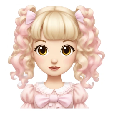 pale girl , who has curly medium length blonde and baby pink swirled hair with bangs , grey eyes , and doll like makeup , in a light pink lolita hime gyaru dress  sticker