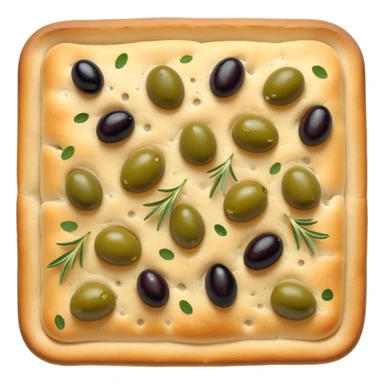 cinematic-realistic-focaccia-bread-dish-emoji,-depicted-as-a-golden,-olive-oil-brushed-flatbread-sprinkled-with-herbs-rendered-with-lifelike-texture-and-soft,-appetizing-lighting showing olives on top  sticker
