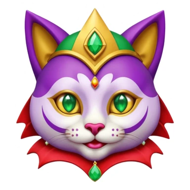 crazy colorful cute little cat jolly joker from poker, medieval, vintage, court jester, mac os icon, purple, gold and red color, half body, emerald green ice eyes, golden earrings. Squared shape as 3D mac os icon, symmetrical sticker