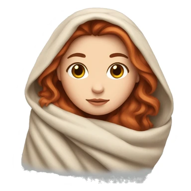 A white girl with brown hair wrapped in a blanket with a red cat sticker