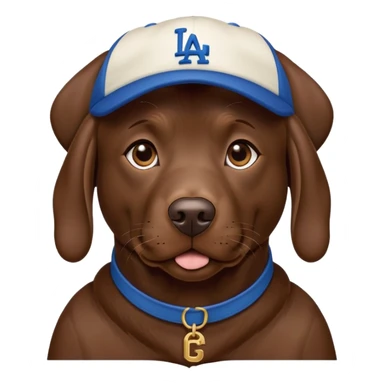 Chocolate lab wearing dodger hat sticker