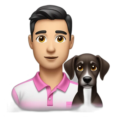 young handsome man with straight short dark hair and dark eyes with large eyelashes and plump pink lips protruding cheekbones in a sports polo shirt with a dog sticker