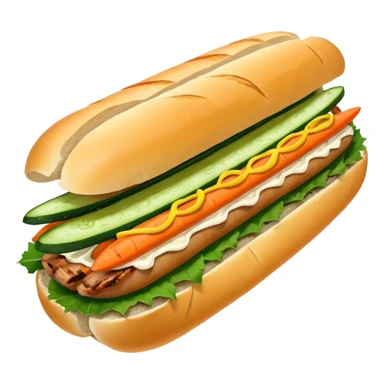 traditional banh mi with char grilled pork emoji 


    Very crusty baguette

    Mayo 

    Pickled carrot 

    Cucumber, coriander/cilantro, green onion, chilli 
 sticker