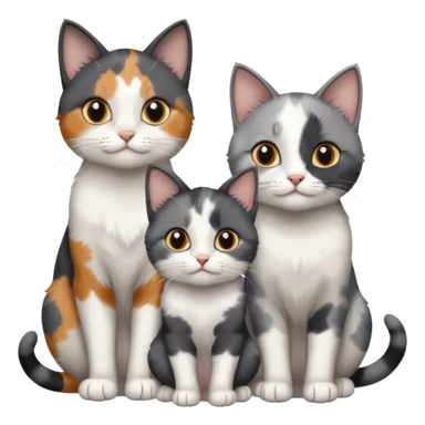 3 different coloured small cats including a dark grey and white, and a patchy calico and a completely solid dark grey with only white paws sticker