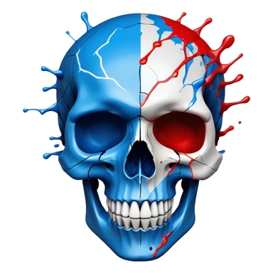 premium black skull with geometric brand patterns, striking electric blue and red paint splashes only within skull contours, perfect detailed fine art quality, three-quarter view sticker