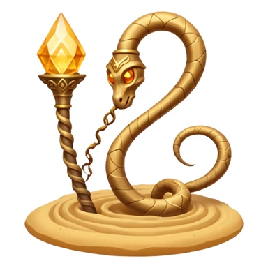 desert sand mage staff object icon, ancient staff with serpent coils around it, glowing golden sand gem on top, swirling sand aura, fantasy desert weapon, 3D cartoon, mobile game icon style, centered, clean background, no text, no watermark
 sticker