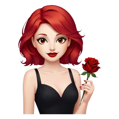 a beautiful woman with red hair and red eyes. The woman wear a black little cutted dress. She have red lipstick and she have a seductive look and smile. She have a rose flower in her hair sticker