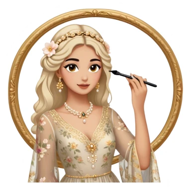  Middle Eastern-inspired moment of a woman getting ready in front of a mirror. She wears a delicate floral dress with sheer, flowy sleeves, accessorized with gold jewelry and traditional pearl-adorned hair clips. Her  as she applies mascara and eyeliner , her reflection revealing a soft smile.  sticker