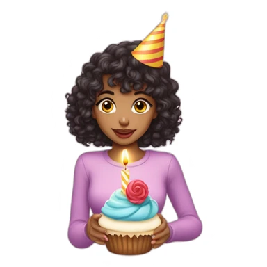 light-skinned girl with dark curly hair and bangs in a birthday cap with a cupcake with a candle sticker