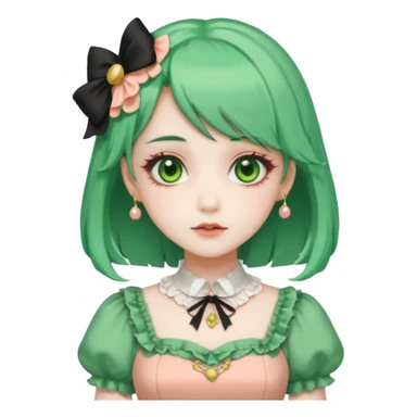 sweet lolita with green hair, gold eyes, white skin, wearing a peach dress sticker
