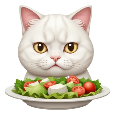grumpy white cat sitting at a table, looking confused with its ears slightly back. In front of the cat is a plate with a salad with mouth a little open, and Disagree in the cat's face sticker