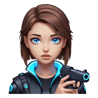 Neon cyberpunk style 
girl with brown hair and blue eyes 
shoots sticker