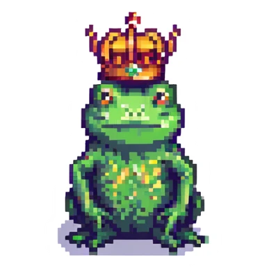 pixel art crowned frog standing green and gold simple background sticker