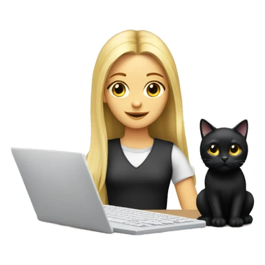 A long haired blonde girl designing with a computer, with a black cat  sticker