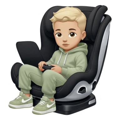 Boy in black toddler car seat. Wearing sage colord sweatpants and sage colored hoodie. And white and black Nike airforce shoes  sticker