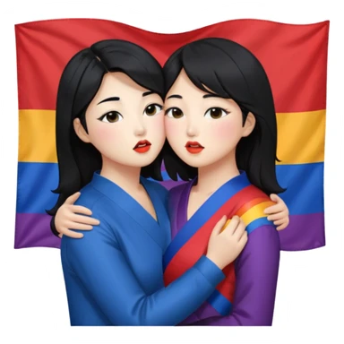 Korean lesbians, kisses and Let them both have black hair, kiss each other, have a lesbian flag on their cheeks, be sweet, dress openly, have open waists  sticker