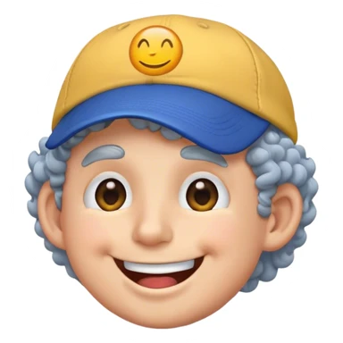 a yellow faced emoji, simple style, big smile, winking, blue ball cap on backwards, cartoon, curly grey hair sticker
