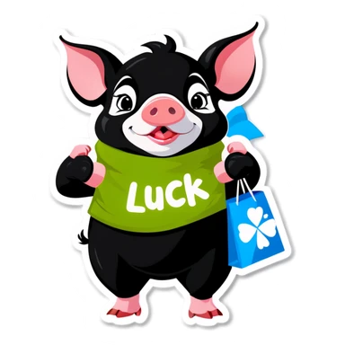 a black piglet holding 4 bags with "luck”written on it sticker