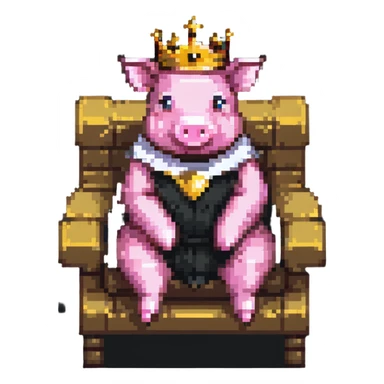 minimal abstract pixel art pig with a golden crown sitting on a throne, blocky and square like Minecraft, very few pixels sticker