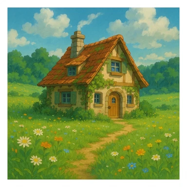 cozy cottage in a meadow in ghibli style sticker