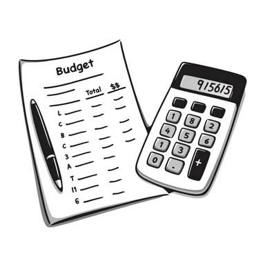 Budget sheet with expenses column and calculator sticker