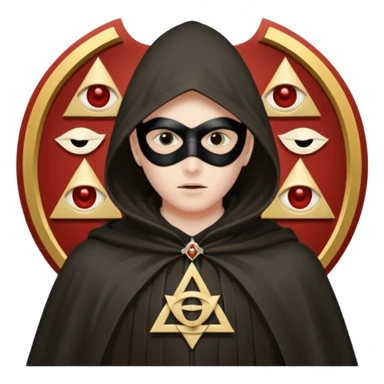 masked person in a cloak, surrounded by faint symbols of secrecy and the Illuminati sticker