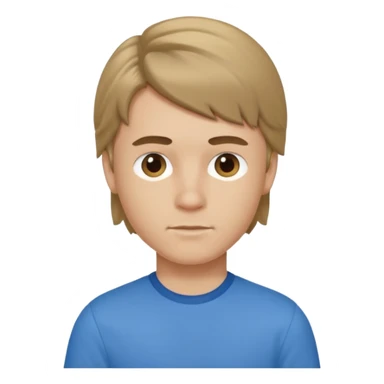 boy with dark blonde hair in a mullet with a neat blue shirt sticker