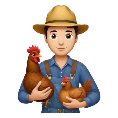 UN HOMBRE VESTIDO DE GRANJERO PIEL CLARA Y PELO OSCURO CON UNA GALLINA  sticker