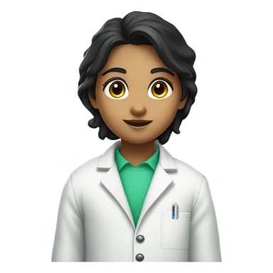 Indian fair skinned student with black hair wearing a lab coat with a test tube containing green bubbly liquid sticker