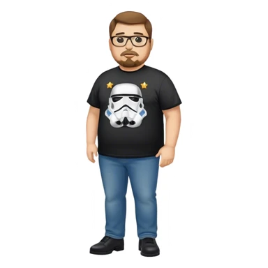 overweight Caucasian man, brown hair, goatee, glasses wearing a star wars t-shirt, jeans and black dress shoes.  sticker