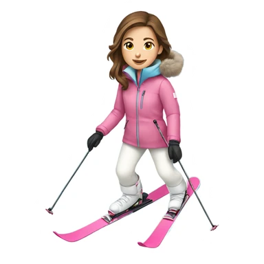 Girl with brown hair skiing with pink skis and wearing a light blue coat and white snow pants sticker