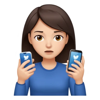 Social media manager. She has dark brown hair, brown eyes, overwhelmed expression, tired eyes, slightly stressed face,a holding a smartphone with notifications piling up sticker