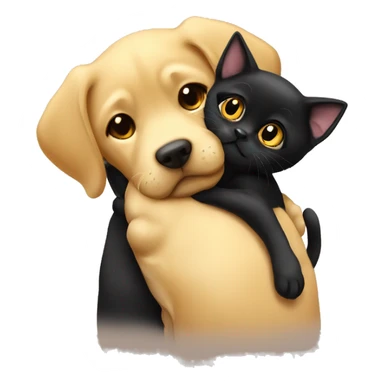 Small black kitten cuddling with big dark yellow Labrador dog sticker