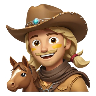 clash-of-clans-aesthetic_-cinematic-playful-cowboy-portrait-emoji, head-tilted with a roguish, cheeky grin and twinkling eyes, featuring a rugged, spirited build with a wide-brimmed cowboy hat and a weathered bandana on tan skin, riding a powerful galloping horse with dynamic flowing mane, reins gripped firmly in one hand and a lasso in the other, as dust swirls behind them in a vast desert landscape. sticker