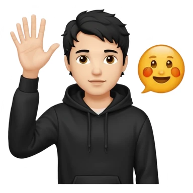 Now create man waveing with one hand with little bit wavey dark black hair with black hoodie on and make him light skin. his haircut is mid fade with hair on his forehead sticker