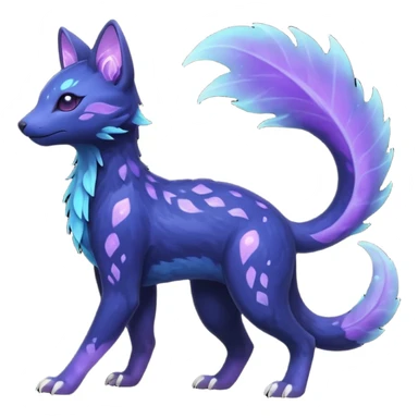 Rare realistic dark-indigo pastel-violet nebulae shiny sparkly dark-neon glowing bioluminescent edgy badass epic pretty beautiful handsome gorgeous aesthetic colorful vibrant Vernid-Trico-species-Fakemon-creature by LiLaiRa, 4 legs, 1 tail, random markings, (full body) sticker