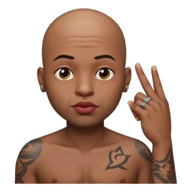 Bald head man with huge lips, tattoos on his chest , holding his finger up to his cheek  sticker