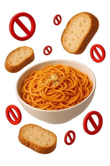 bowl di pasta e fettine di pane che fluttuano in aria con piccoli divieti 3d, sfondo bianco, iperrealistico 4k sticker