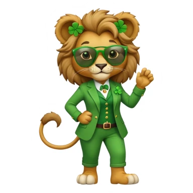 confident anthropomorphised female lion in St. Patrick's Day green clothes with shamrock accessories, dark sunglasses, walking upright, looking self-assured sticker