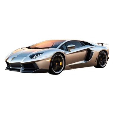 Lamborghini Aventador speeding down Sunset Avenue at dusk, headlights blazing. The sky glows in warm sunset hues, reflecting off the sleek car. Motion blur emphasizes speed, with palm trees and city lights in the background. Transparent background. sticker